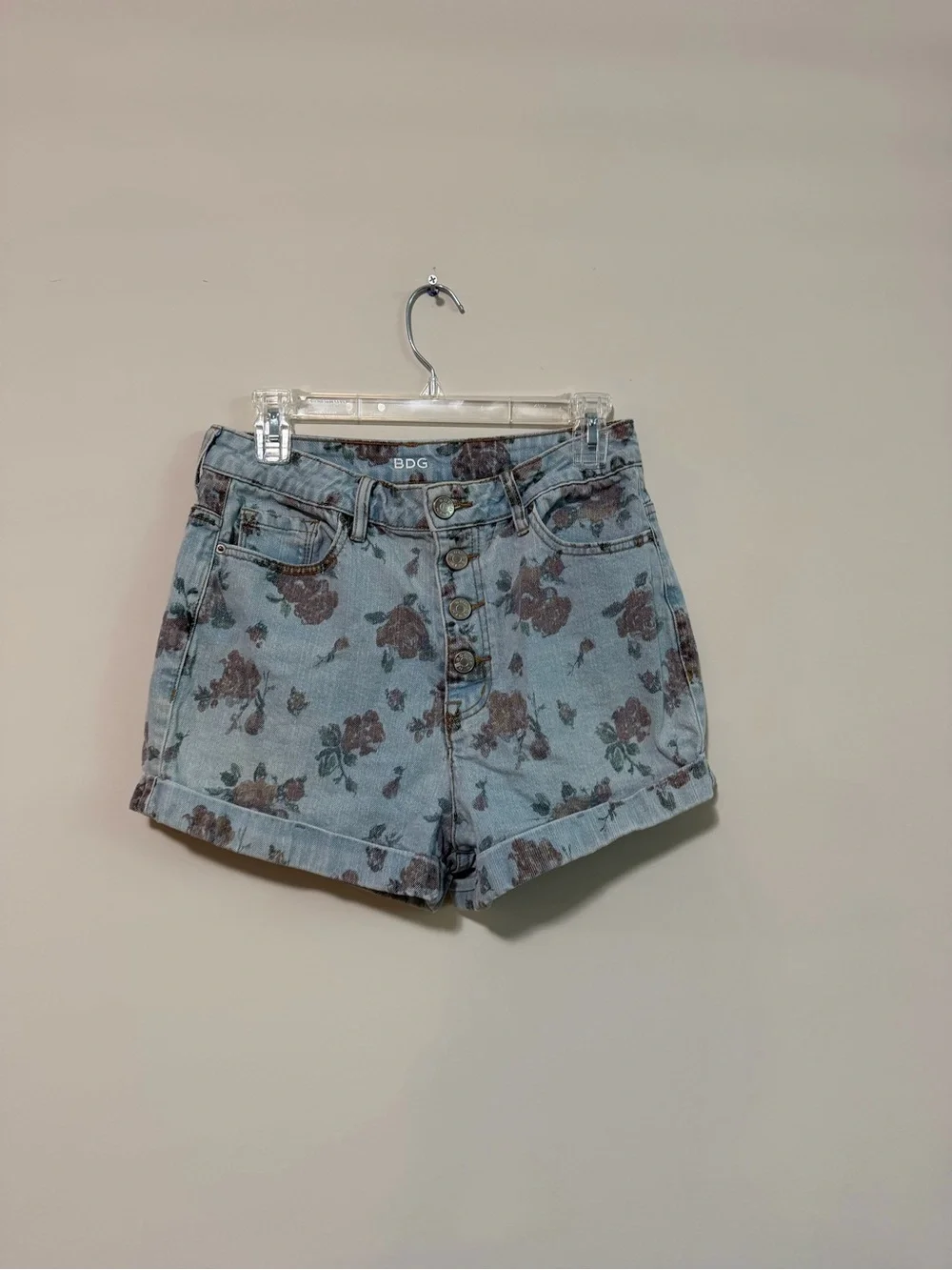 BDG Light Blue Denim Floral-Print High-Waist Shorts